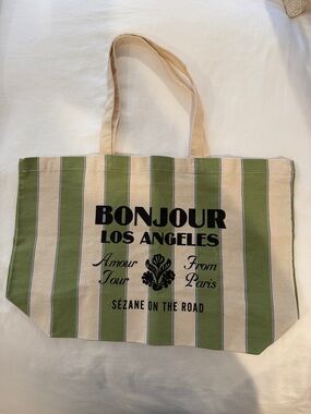 Sezane Canvas Tote Bag in Green and Cream Stripes